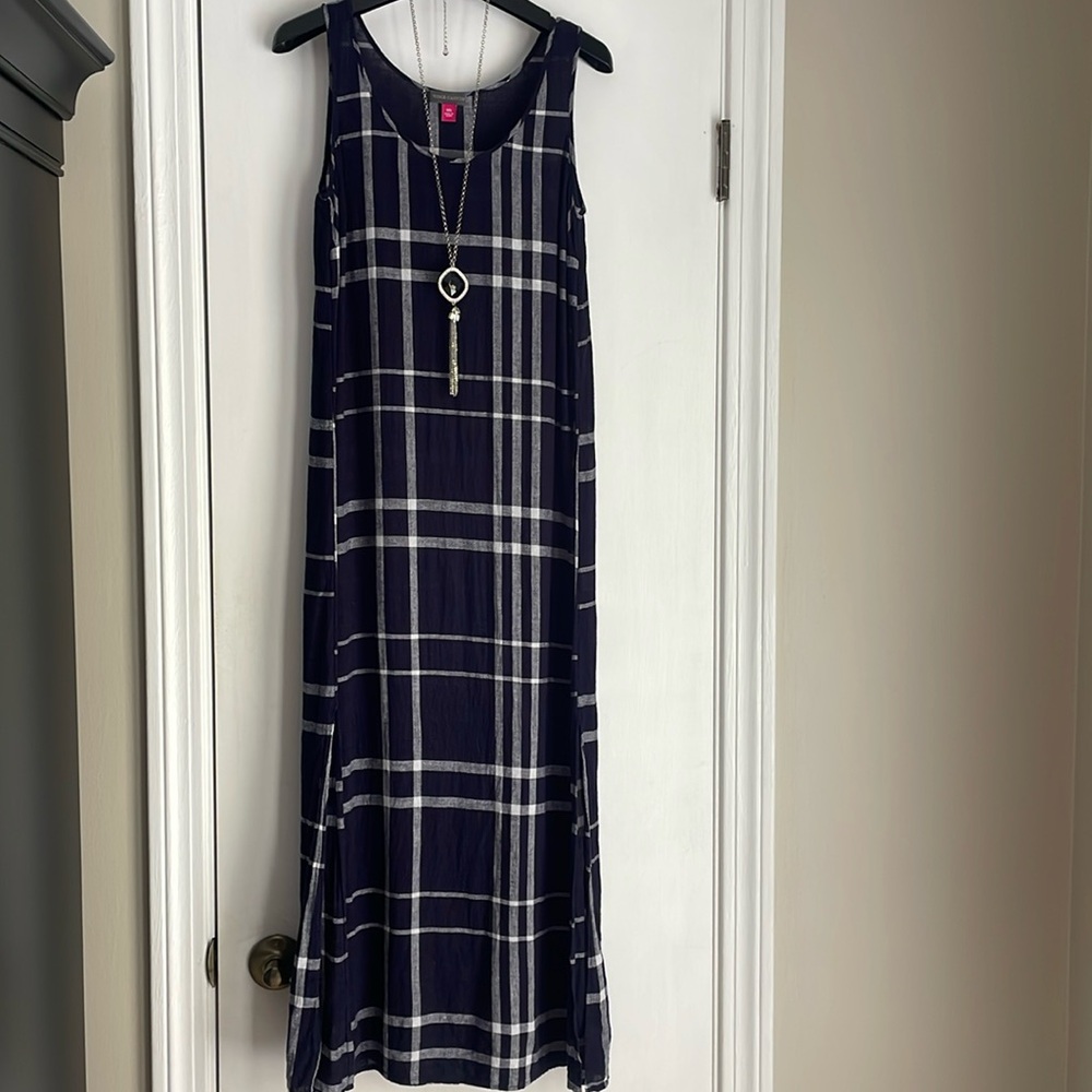 Vince Camuto Navy & White Plaid Gauze Maxi Dress XXS with Free Necklace